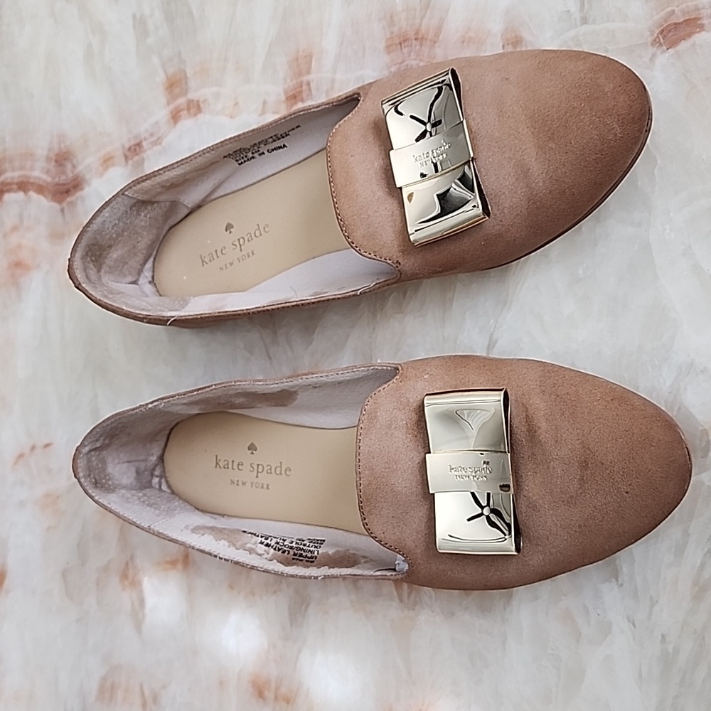 Kate Spade Leather Tan Suede Gold Bow Silina Loafers